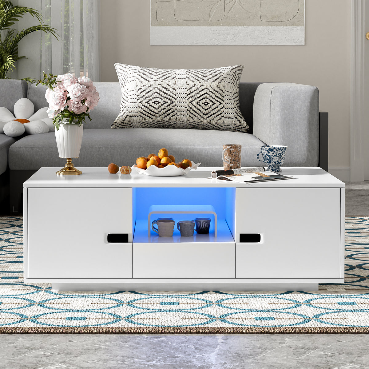 variant-group:rf-n724p294656k|Roomfitters Modern Glossy Coffee Table with Storage Space and Light Accent, Rectangle Center Table for Living Room, White