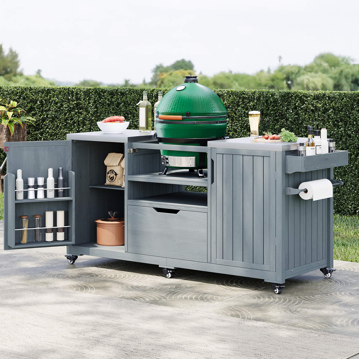 variant-group:rf-n707p250629g|Roomfitters 66.5" Outdoor Kitchen Island for Big Kamado Grills, Wood Grill Cart with Stainless Steel Top, Storage, Grey Blue