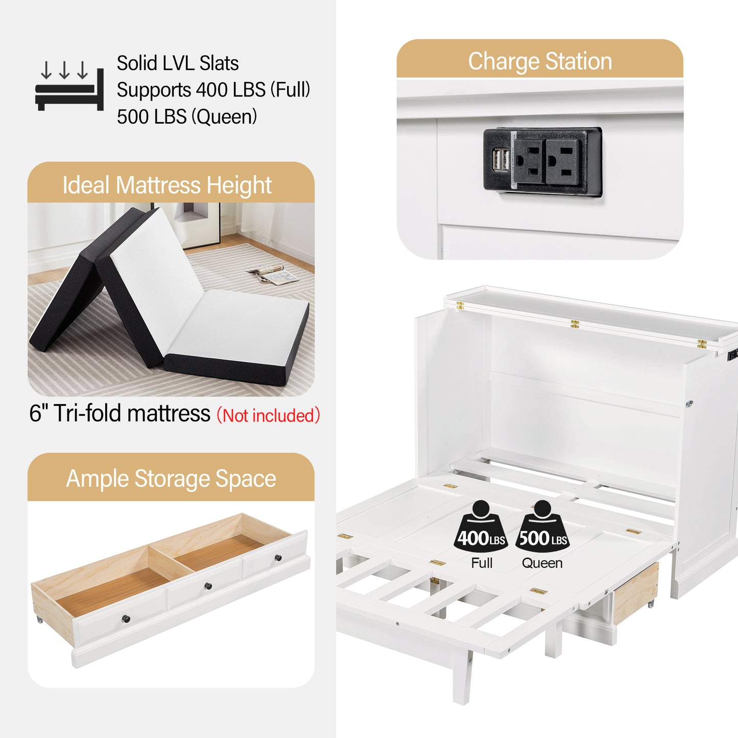 variant-group:rf-n701bs701p170501k|Roomfitters Full Size Murphy Bed Cabinet with Charging Station and Storage Drawer, Freestanding Fold Out Guest Bed, White