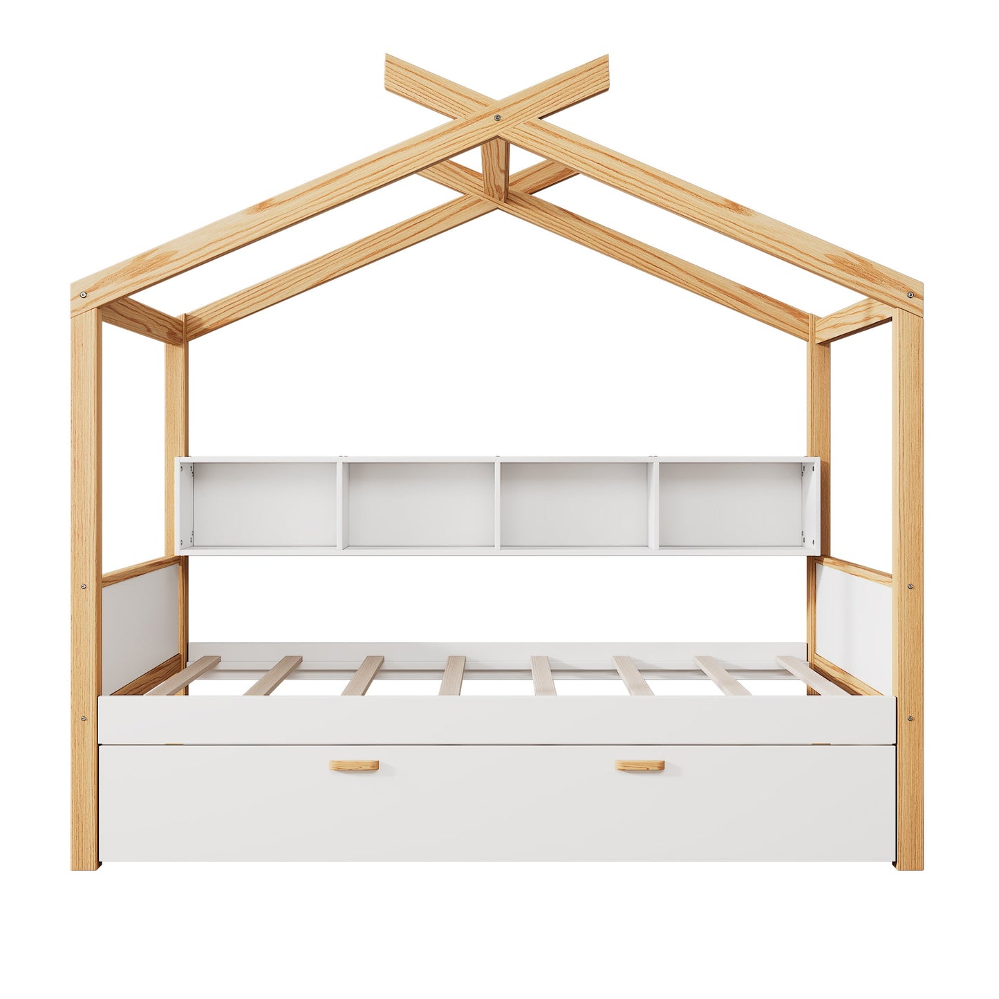 Roomfitters Twin Size Wooden House Bed Frame with Twin Trundle, Bookshelf Storage Furniture, No Box Spring, White Natural Roomfitters
