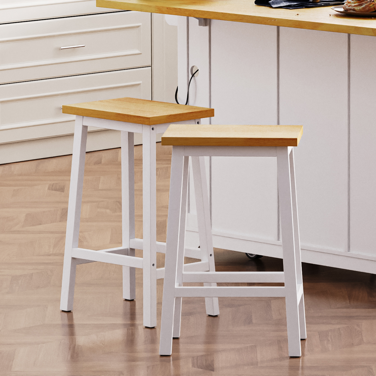 variant-group:rf-n707p185529w|Roomfitters Set of 2 Counter Height Stools, 25.6" A-Frame Solid Wood Bar Stools with Contoured Wood Seat & Footrest, White