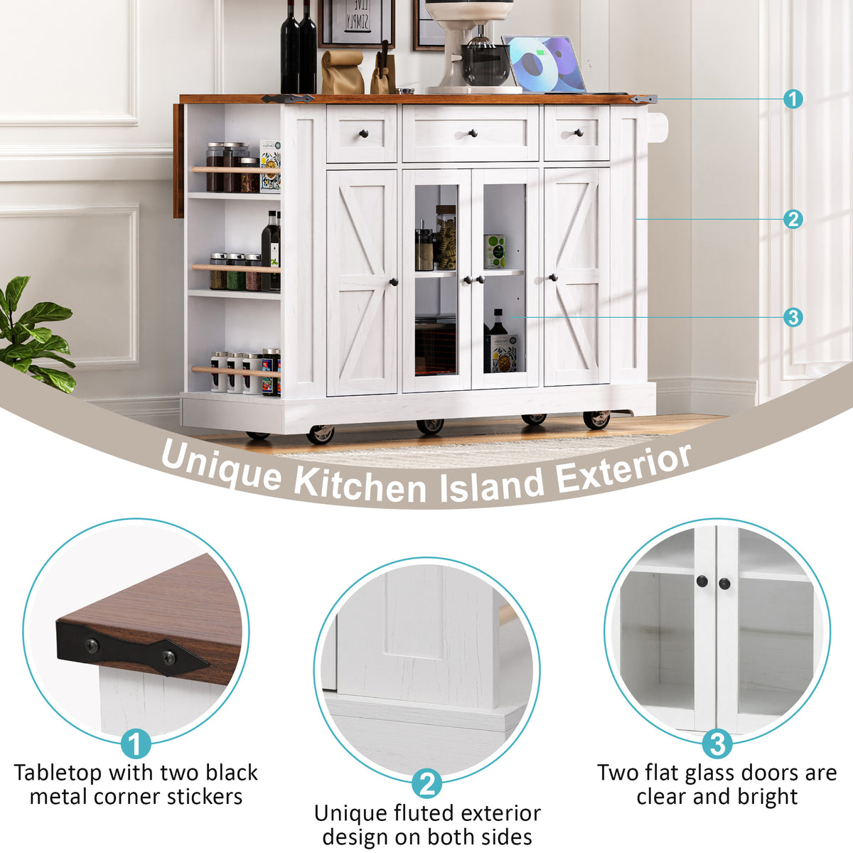 variant-group:rf-n707p263637w|Roomfitters 53" Rolling Kitchen Island with Drop Leaf, Mobile Cart with Glass Doors, 5 Side Shelves & Power Outlets, White