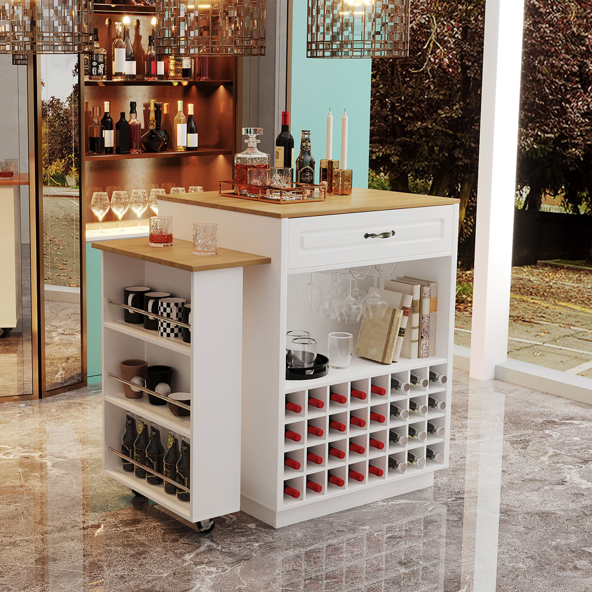 variant-group:rf-n711wy000493aak|Roomfitters White and Natural Wood MDF Extendable Bar Cabinet, Rolling Kitchen Island Table, Wine Rack Storage