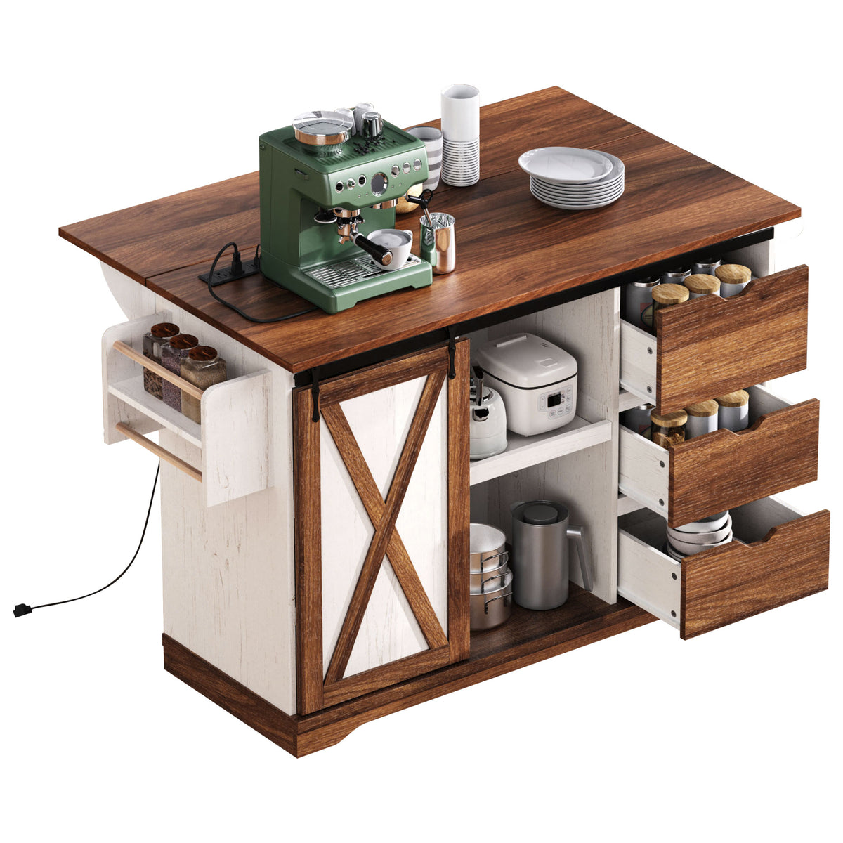 variant-group:rf-n707p288229w|Roomfitters 55.5" Rolling Kitchen Island with Drop Leaf, Mobile Kitchen Storage Cart with Sliding Barn Door, Power Outlets, White