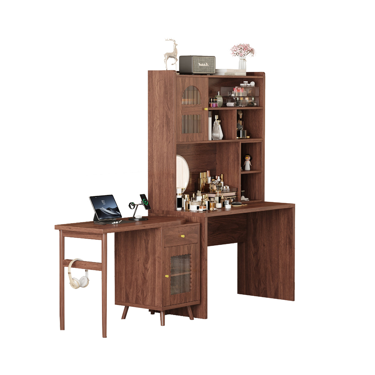 variant-group:rf-n733s363716d|Roomfitters Rotating L-Shaped Computer Desk with Shelves and Storage, 90° Swivel Office Writing Desk, Walnut