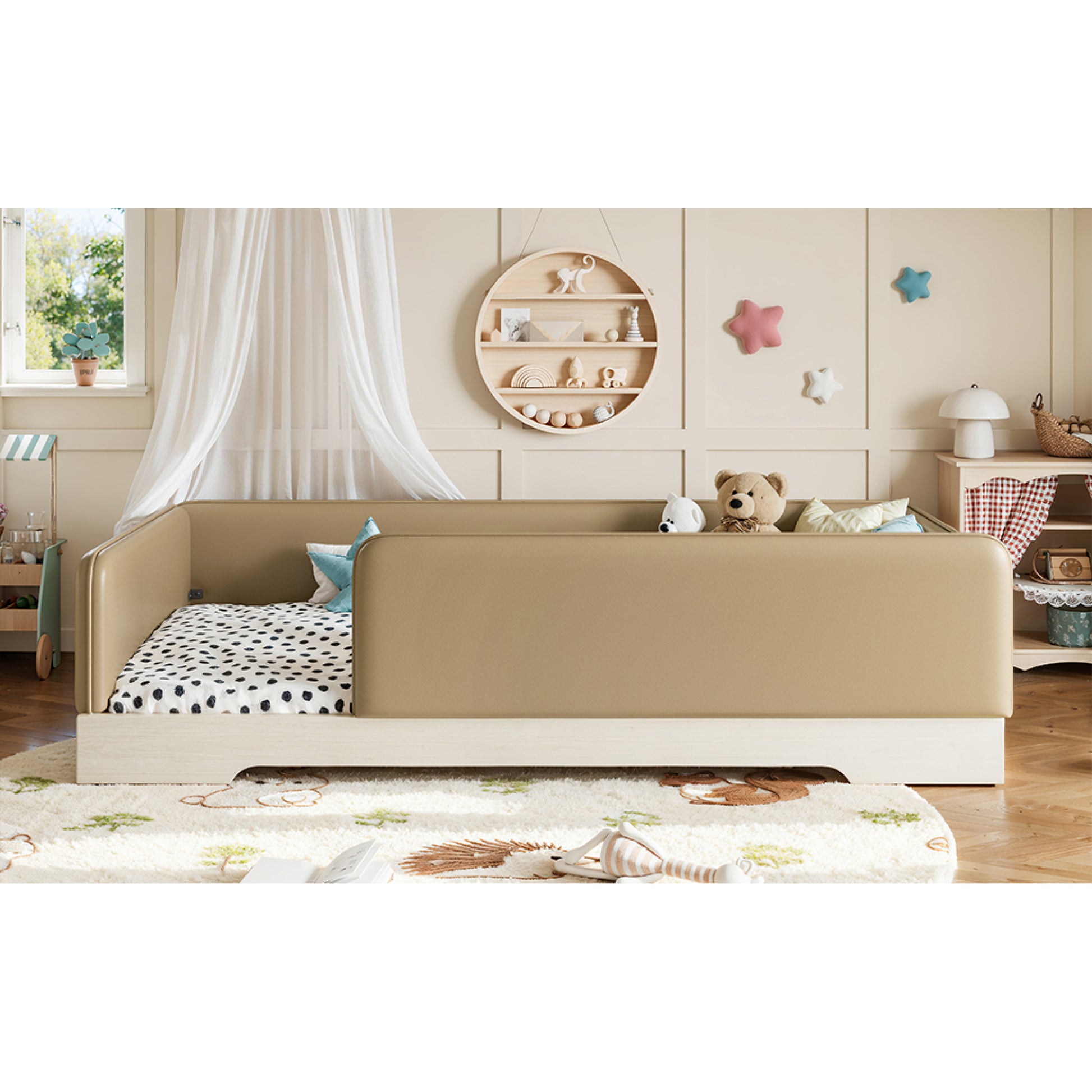 variant-group:rf-w1580p493126|Roomfitters Twin Size Upholstered Floor Bed Frame with Removable Guardrails, Faux Leather Low Profile Platform, Brown