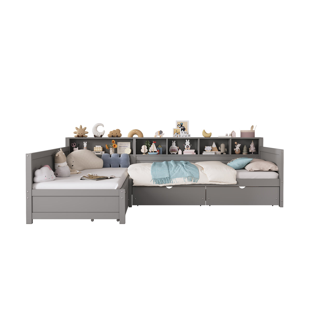 variant-group:rf-n733s369272e|Roomfitters Twin L-Shaped Daybed for 2 with 3 Storage Drawers, Wooden Corner Bed Frame with Bookshelf for Bedroom, Gray