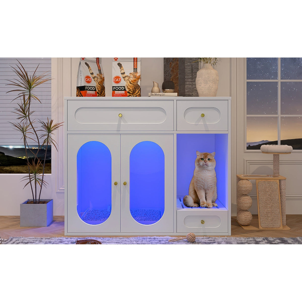 Roomfitters White Chic Sideboard Style Cat Litter Box Enclosure Cabinet with App Controlled LED Lighting Roomfitters