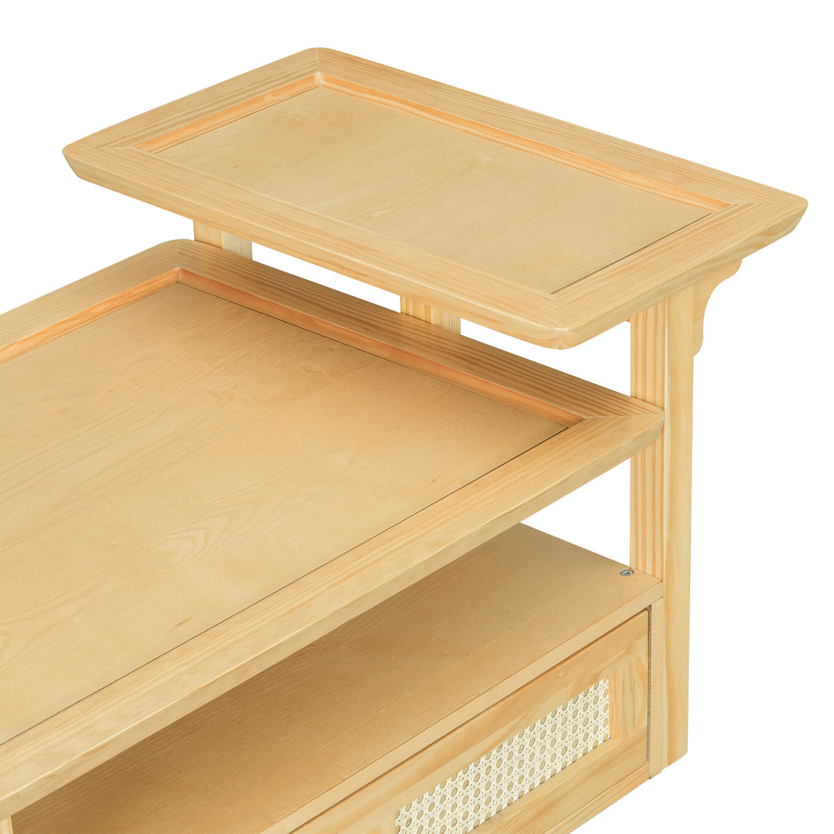 variant-group:rf-n724p232190n|Roomfitters Modern Coffee Table with Open Shelf, Dual Tabletops and Rattan Accent Storage, Natural