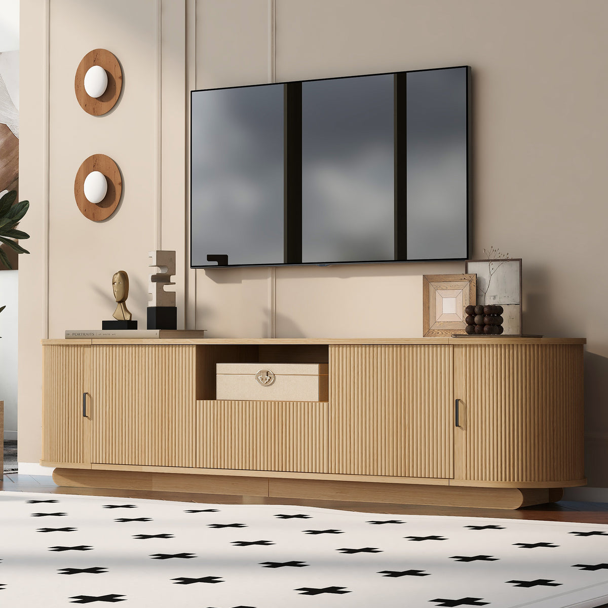 variant-group:rf-n724p420628w|Roomfitters American Style TV Stand Console with Hidden Sliding Doors, Large, Acacia Wood