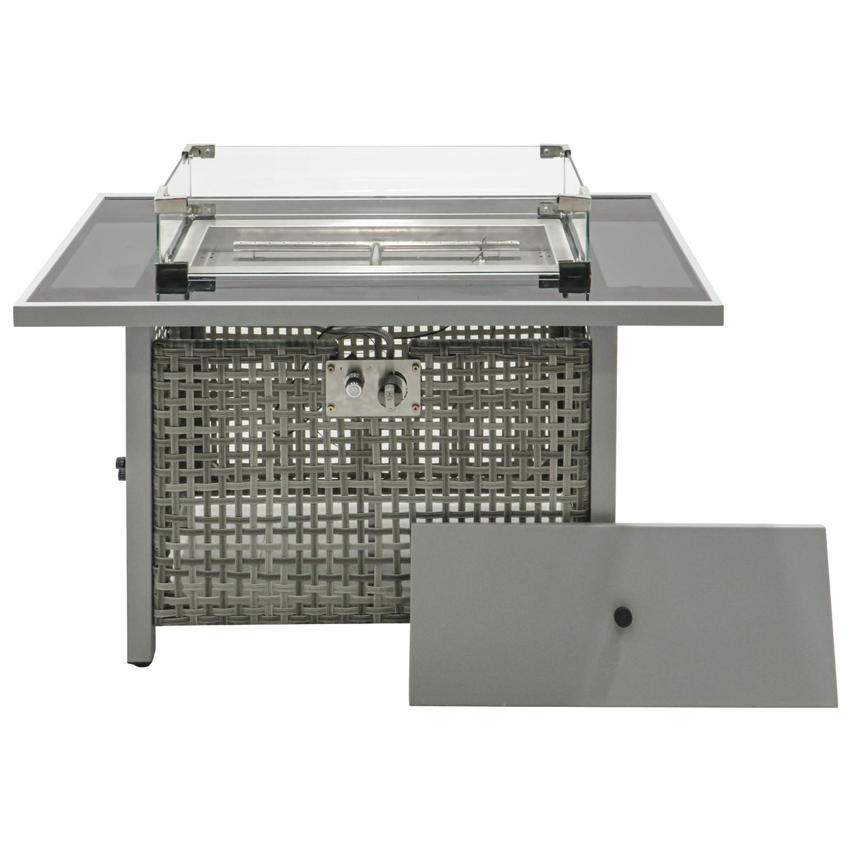 variant-group:rf-n707p210158g|Roomfitters 43" Propane Fire Pit Table, 60,000 BTU Rectangular Wicker Fire Pit with Glass Wind Guard for Patio, Grey