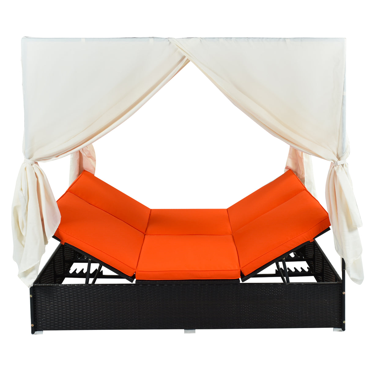 variant-group:rf-n711wy000476aao|Roomfitters Luxury Cabana Vibrant Orange Outdoor Double Chaise Lounge Patio Daybed, Curtains, Adjustable Reclining