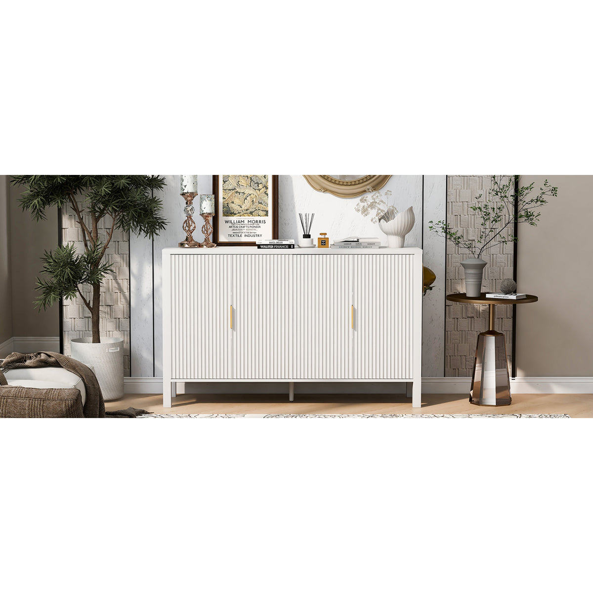 variant-group:rf-n711p345170k|Roomfitters 57.5" Sideboard Buffet Cabinet with 3 Door Mid-century Modern Fluted Storage for Kitchen & Dining Room, White