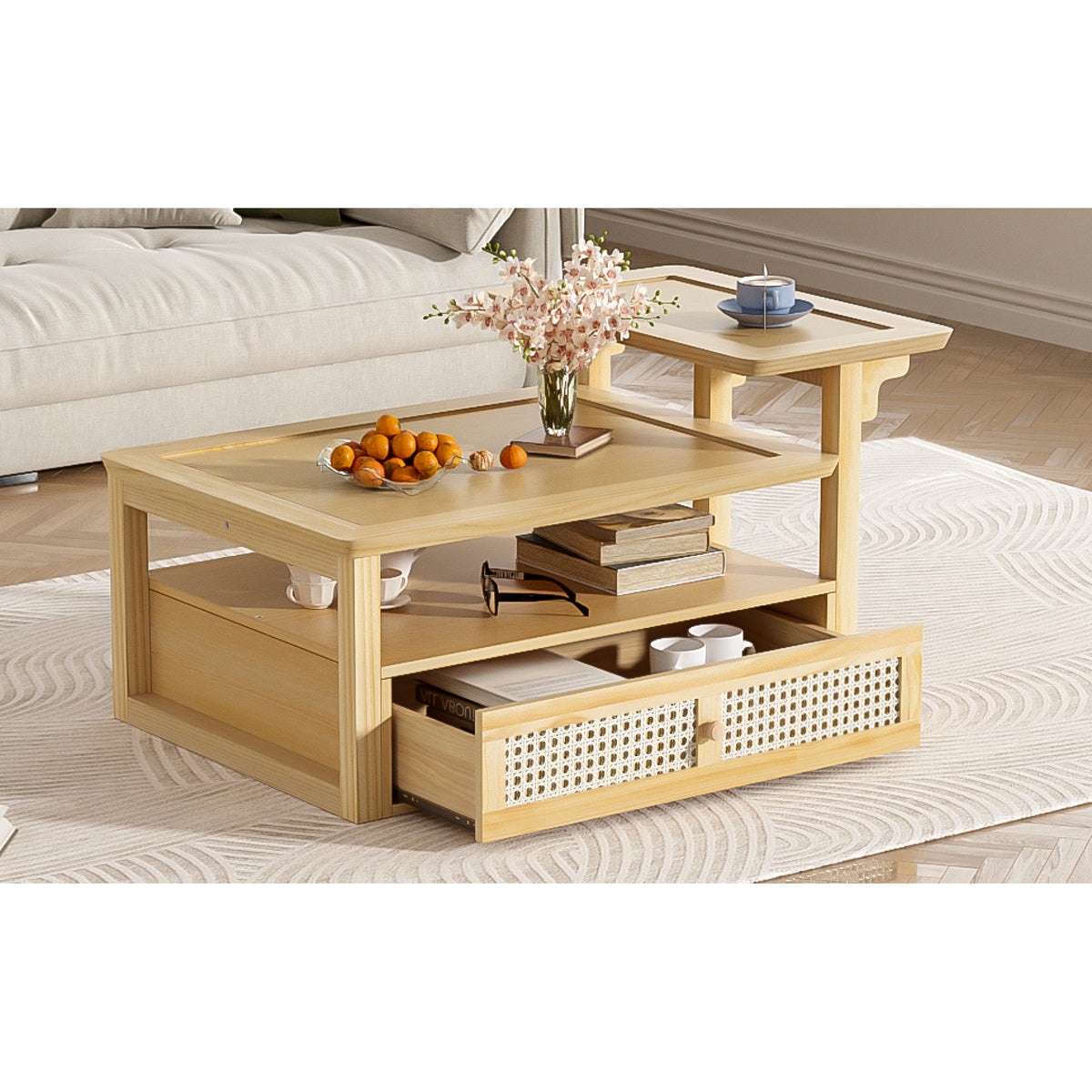 variant-group:rf-n724p232190n|Roomfitters Modern Coffee Table with Open Shelf, Dual Tabletops and Rattan Accent Storage, Natural