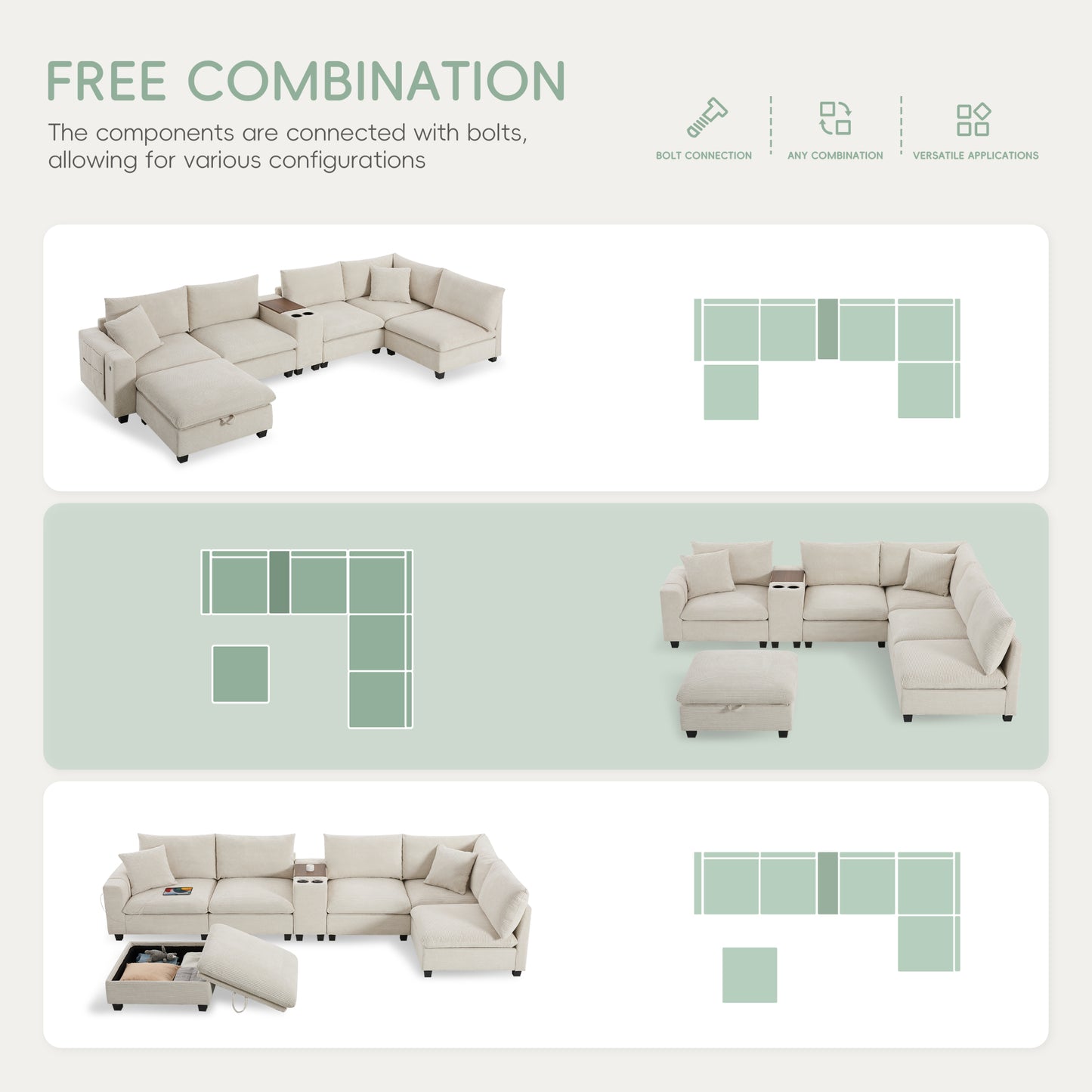 variant-group:rf-n723s1166a|Roomfitters 139 Inch U-Shaped Modular Sectional Sofa with Storage Console, Cup Holders and USB Ports for Living Room, Beige