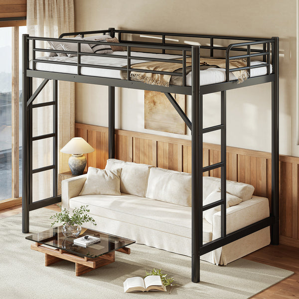 Roomfitters Twin/Full/Queen Size Metal Loft Bed Frame with Guardrails, Heavy Duty Space Saving High Loft Bed Dual Ladders