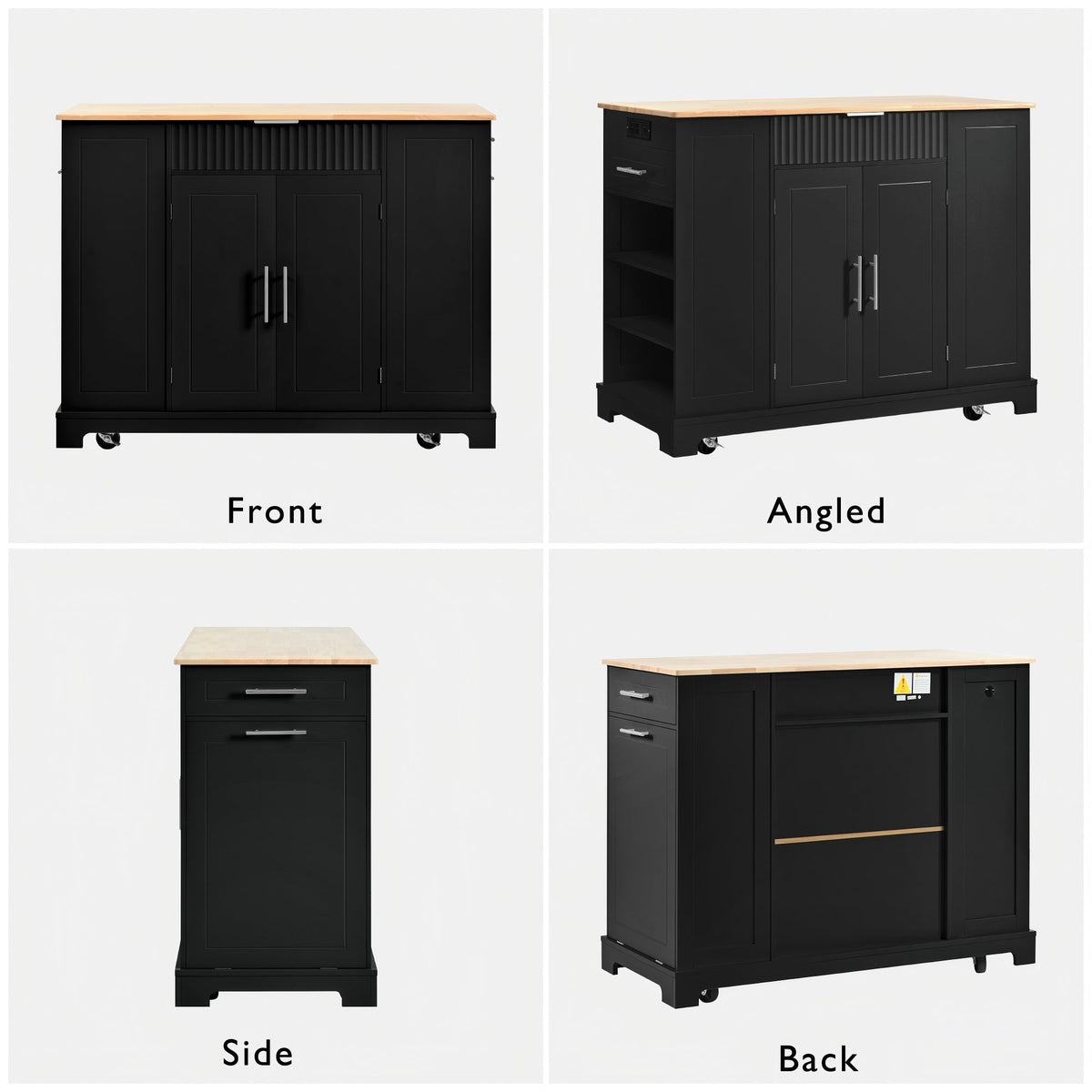 Roomfitters 48" Rolling Kitchen Island with Tilt-Out Trash Can Cabinet, Mobile Cart with Power Outlets, Fluted Drawers, White