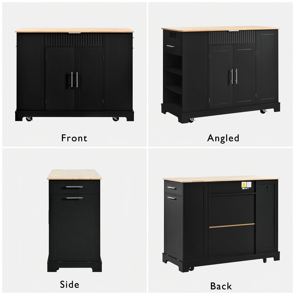 variant-group:rf-n707s221571b|Roomfitters Kitchen Island with Tilt Out Trash Can and Power Outlet, Fluted Storage Cabinet on Wheels, Black