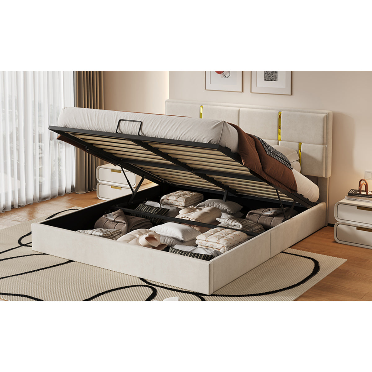 variant-group:rf-n733s362241a|Roomfitters Queen Upholstered Platform Bed with Hydraulic Storage Lift, Modern Bed Frame, No Box Spring Required, Beige