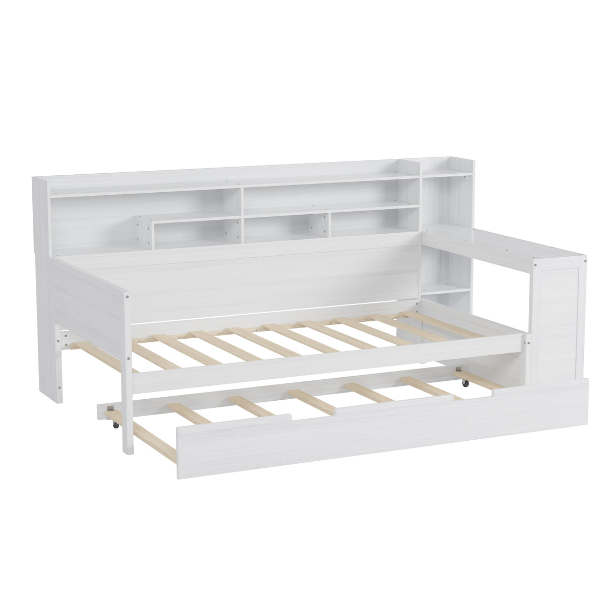 variant-group:rf-n733s373389k|Roomfitters Twin Daybed with Trundle, Storage Shelves and Desk, Wooden Multi-Functional Bed, Antique White