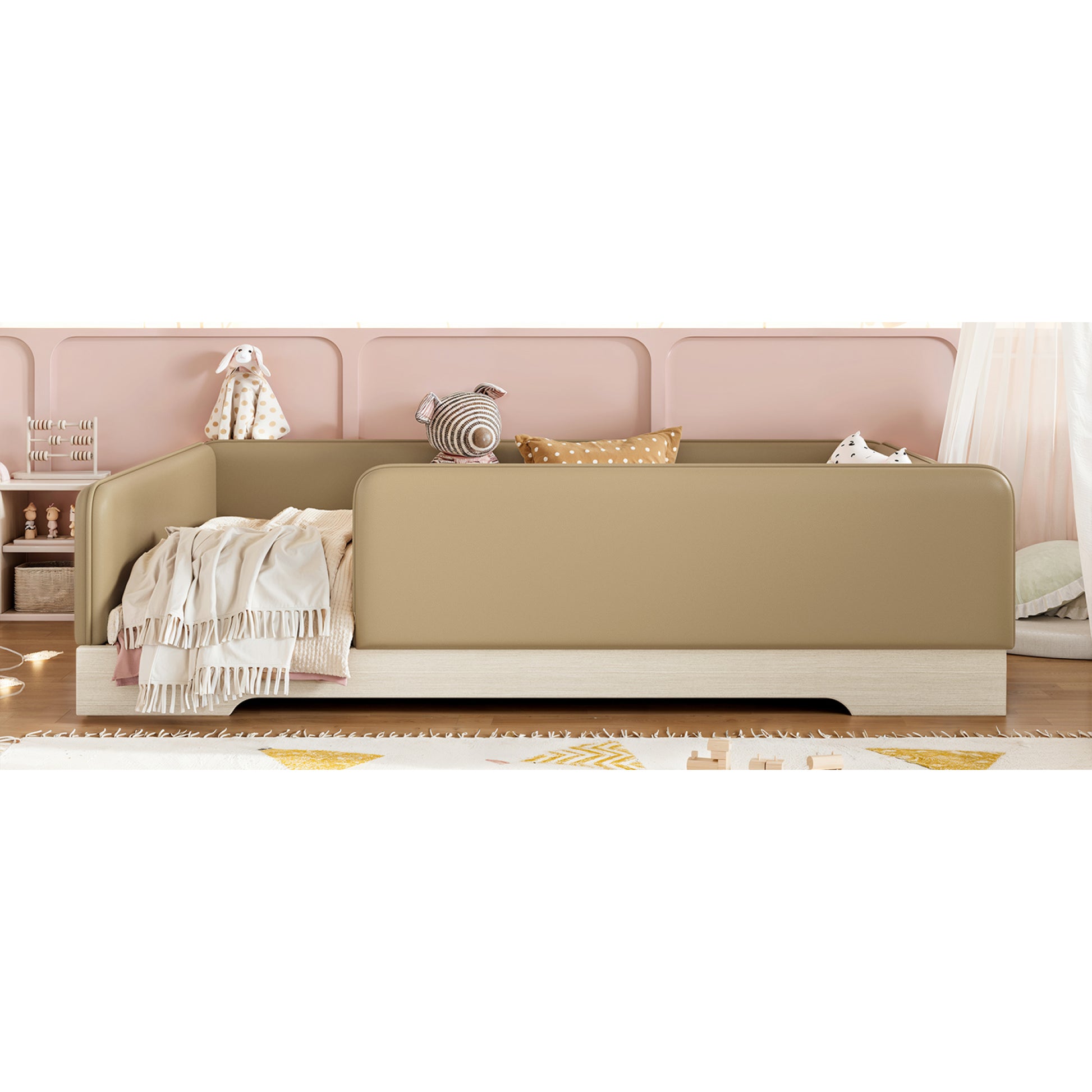 variant-group:rf-w1580s00670|Roomfitters Full Size Upholstered Floor Bed Frame with Removable Guardrails, Faux Leather Low Profile Platform, Brown