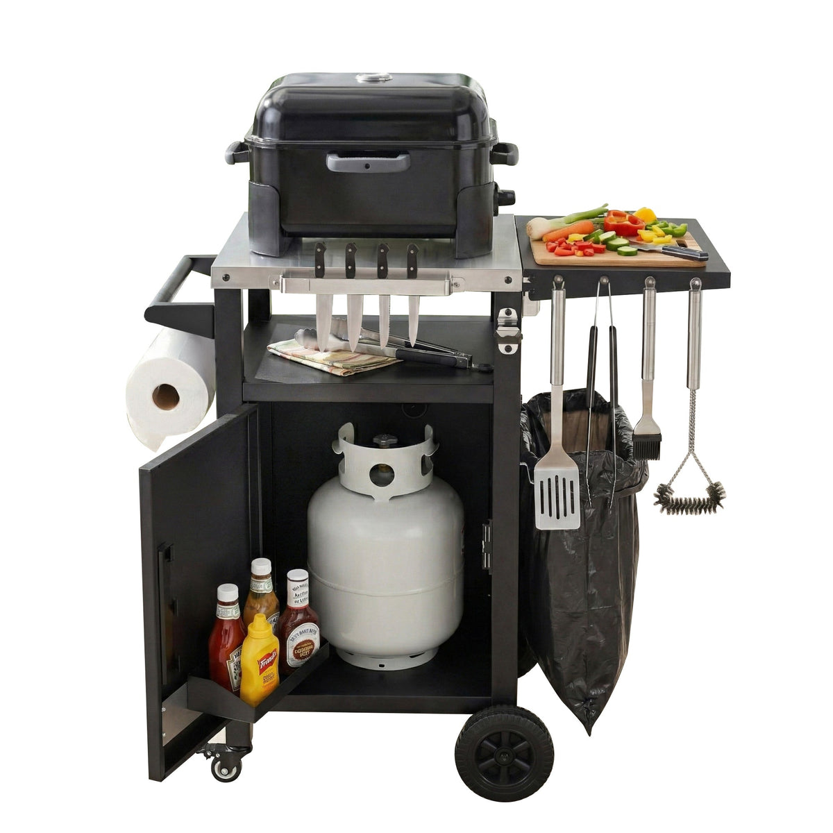 Roomfitters 33.9" Grill Cart with Stainless Steel Top, BBQ Prep Station with Spice Rack and Hamper Bag, Rolling Cart, Black