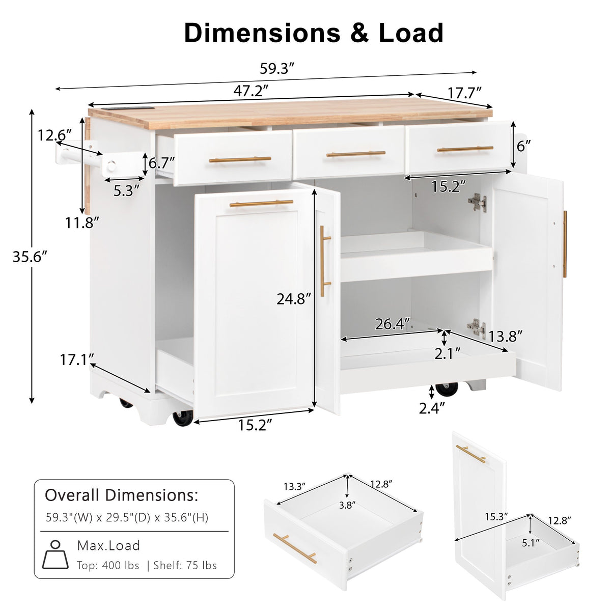 variant-group:rf-n707s299014w|Roomfitters 59.3" Kitchen Island with Power Outlet, Drop Leaf and Double Trash Can Pull Out, Rolling Cart, White