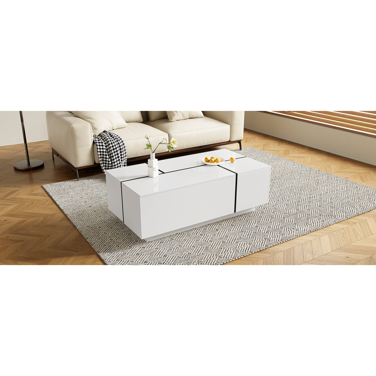 variant-group:rf-n724p292070k|Roomfitters Glossy Extendable Coffee Table with 2 Drawers and Hidden Storage Compartments, Multi-Functional Design, White