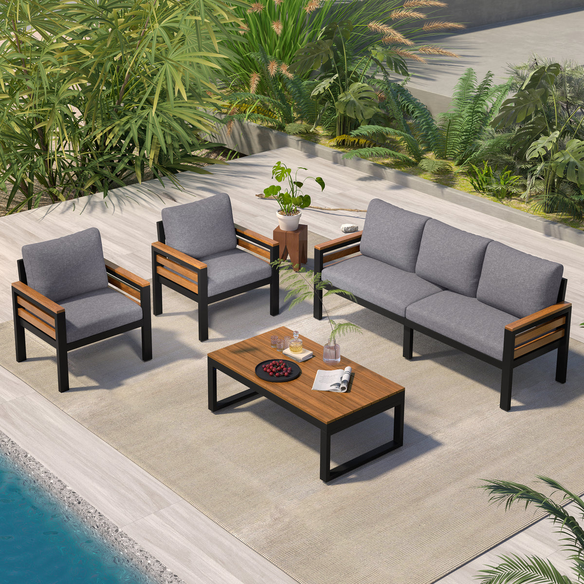 variant-group:rf-n704f201246e|Roomfitters 4-Piece Outdoor Patio Furniture Set with 3-Seater Sofa, 2 Armchairs and Coffee Table, Wood Accents, Grey