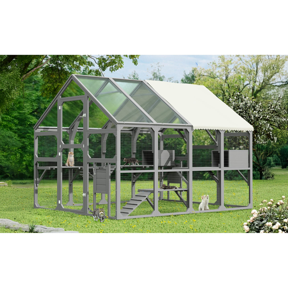 Roomfitters Large Catio Outdoor Cat Enclosure Wooden Cat House with 7 Platforms 2 Resting Boxes and Bridge Gray Roomfitters