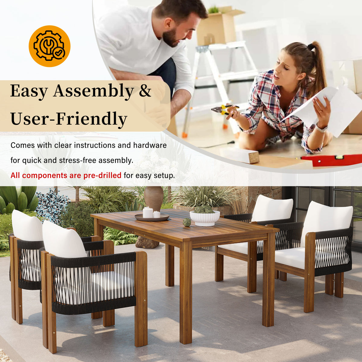 variant-group:rf-n711wy000496aab|Roomfitters 5-Piece Rope Woven Outdoor Dining Set, Farmhouse Solid Acacia Table, 4 Chairs Pack, Black and Brown