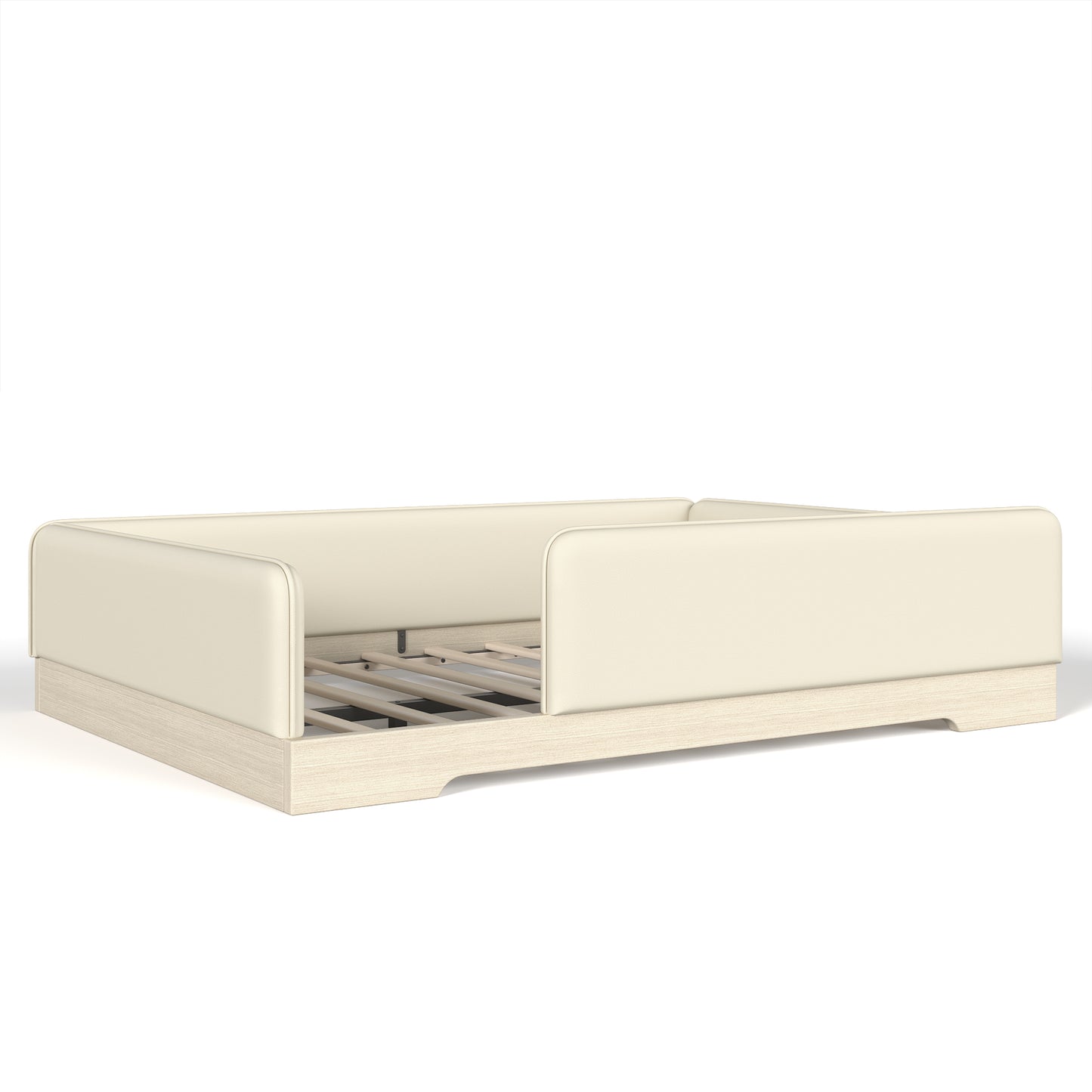 variant-group:rf-w1580s00673|Roomfitters Queen Size Upholstered Floor Bed Frame with Removable Guardrails, Faux Leather Low Profile Platform, Beige