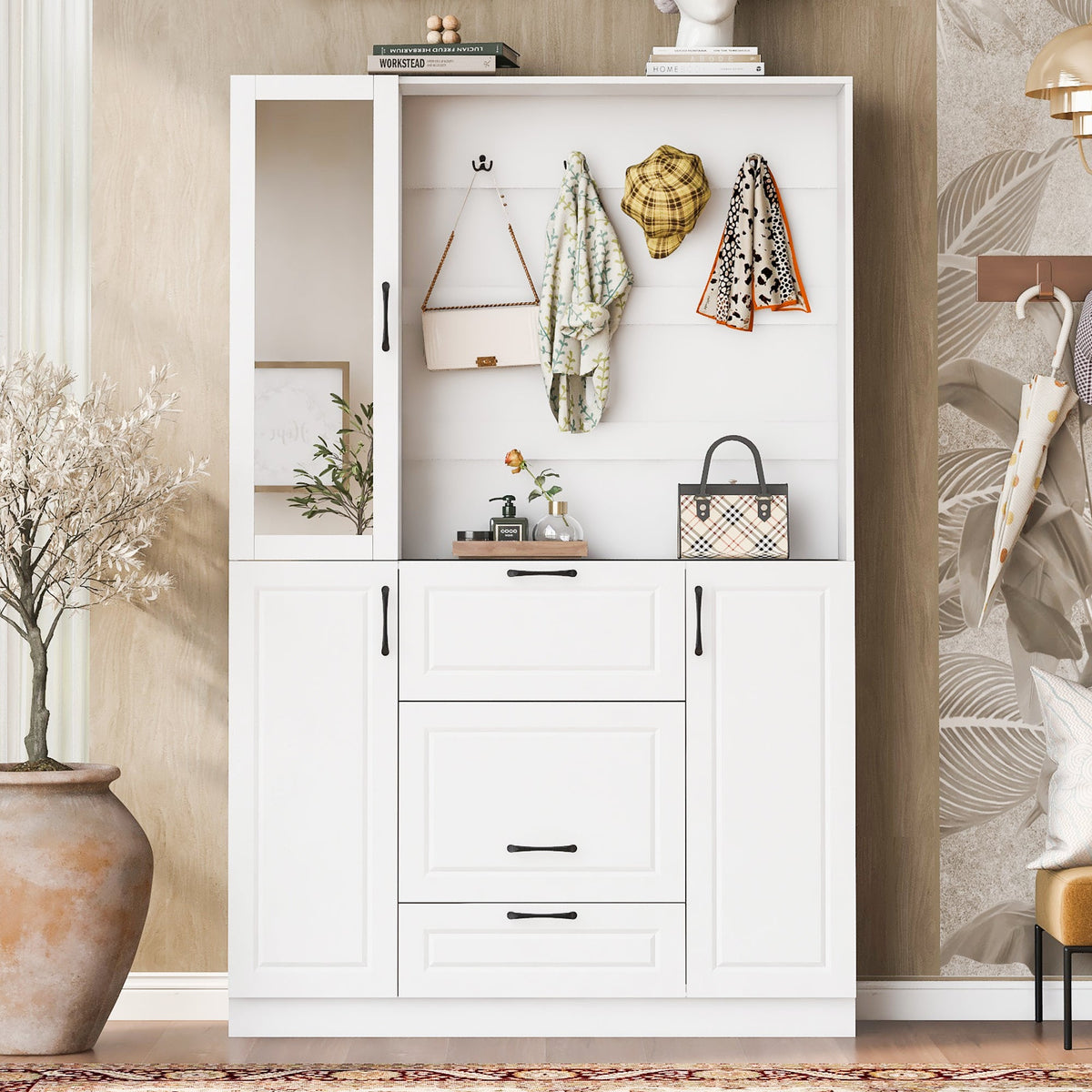 Roomfitters Entryway Bench with Shoe Cabinet and Mirror Door, Foldable Seat and 4 Hooks, White Roomfitters