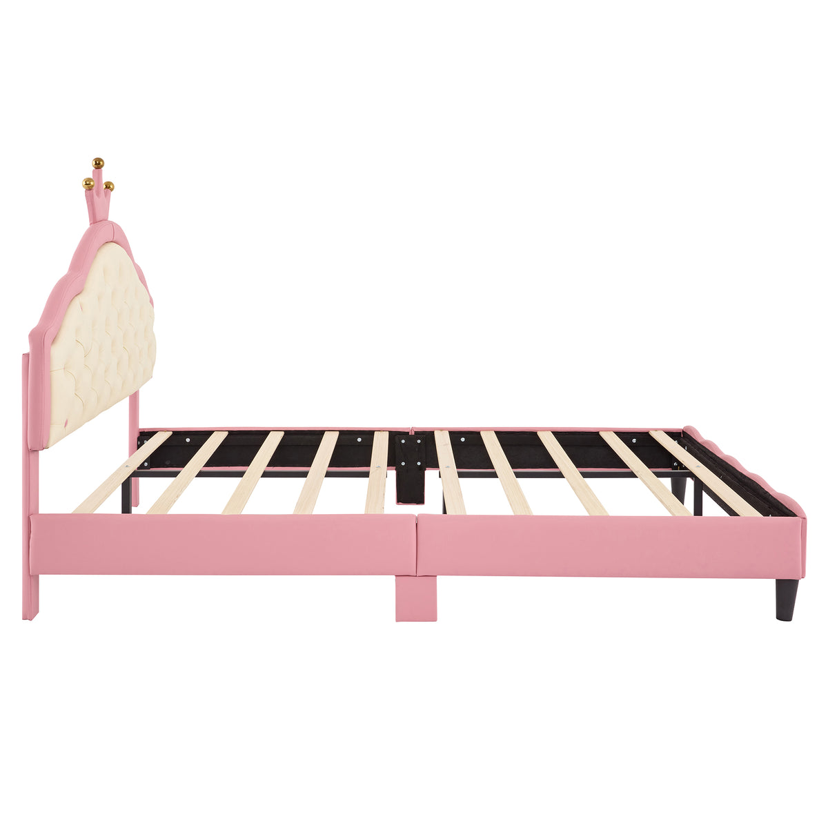 variant-group:rf-n733p198762h|Roomfitters Full Size Upholstered Princess Bed with Crown Design, Elegant PU Leather Platform Bed with Tufted Headboard for a Stylish Bedroom, Pink + Cream