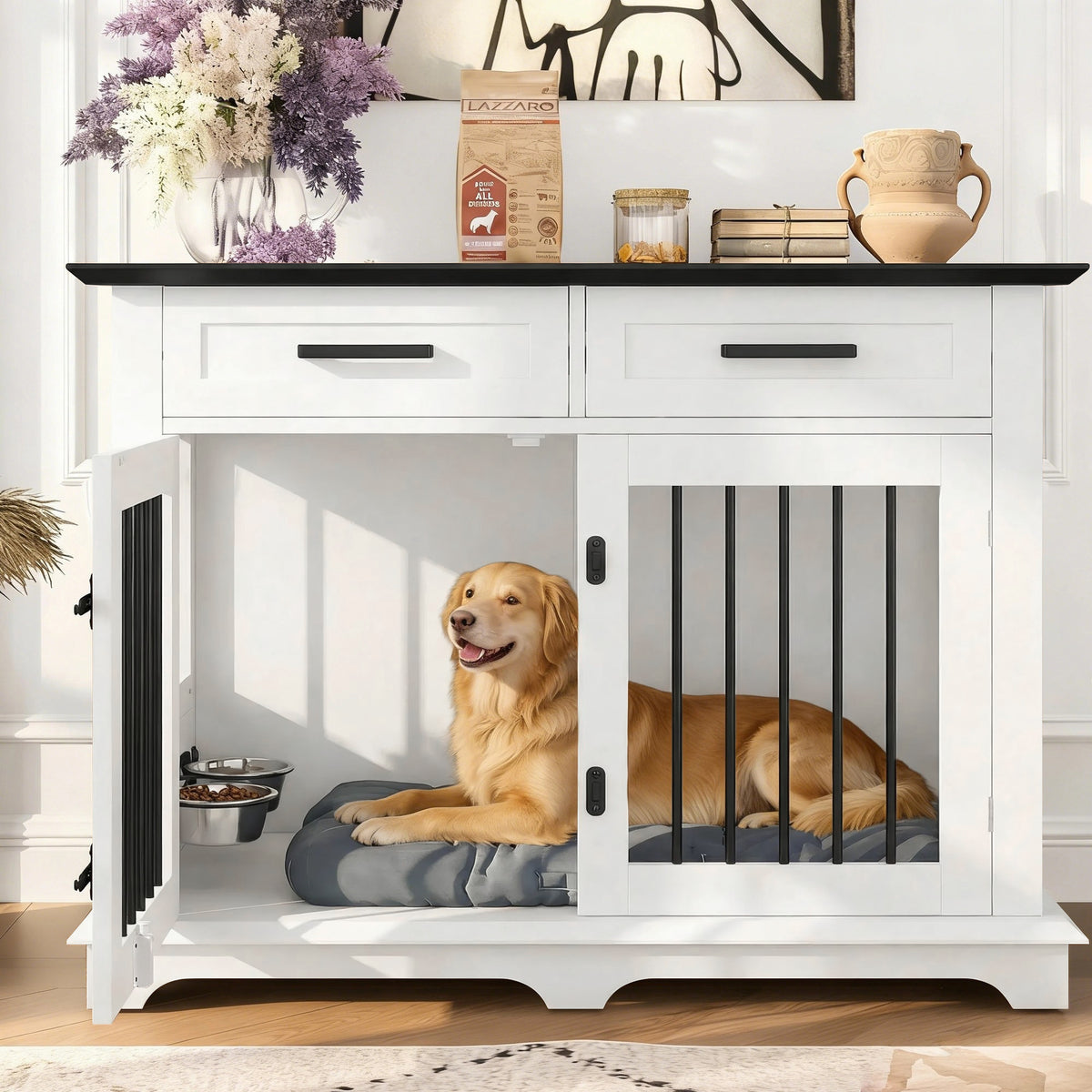 variant-group:rf-n704p379112k|Roomfitters 44-Inch Decorative Dog Crate Furniture Indoor Wooden Kennel End Table with 360 Rotating Bowls White and Black