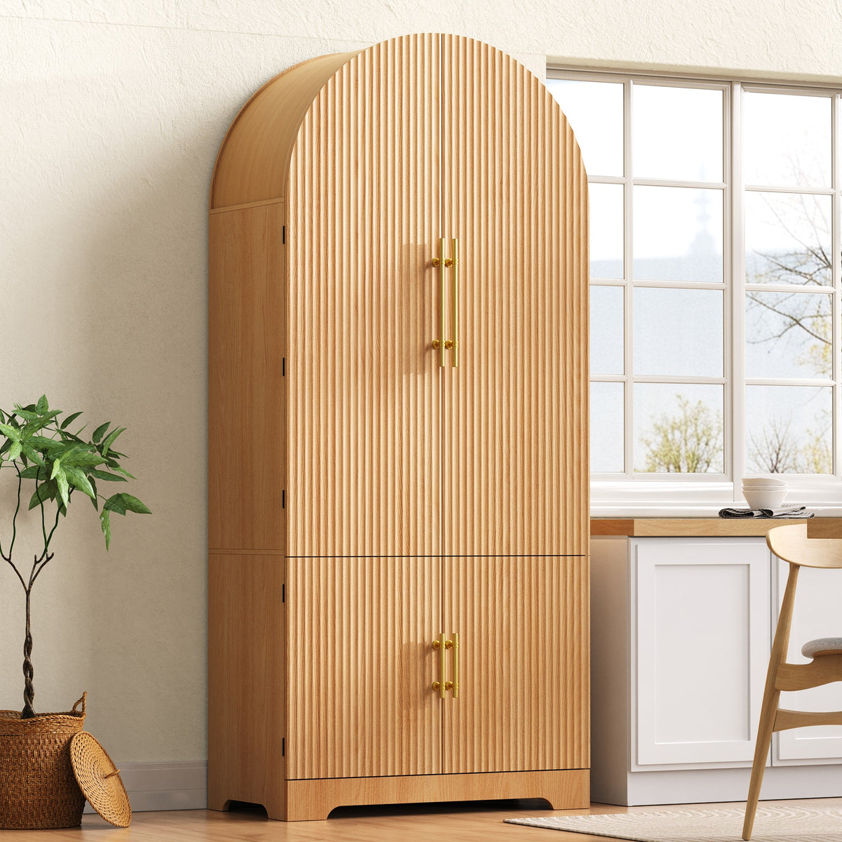 variant-group:rf-n707s000020y|Roomfitters 72" Tall Arched Kitchen Pantry Cabinet with Fluted Doors & Hidden Drawer, Natural