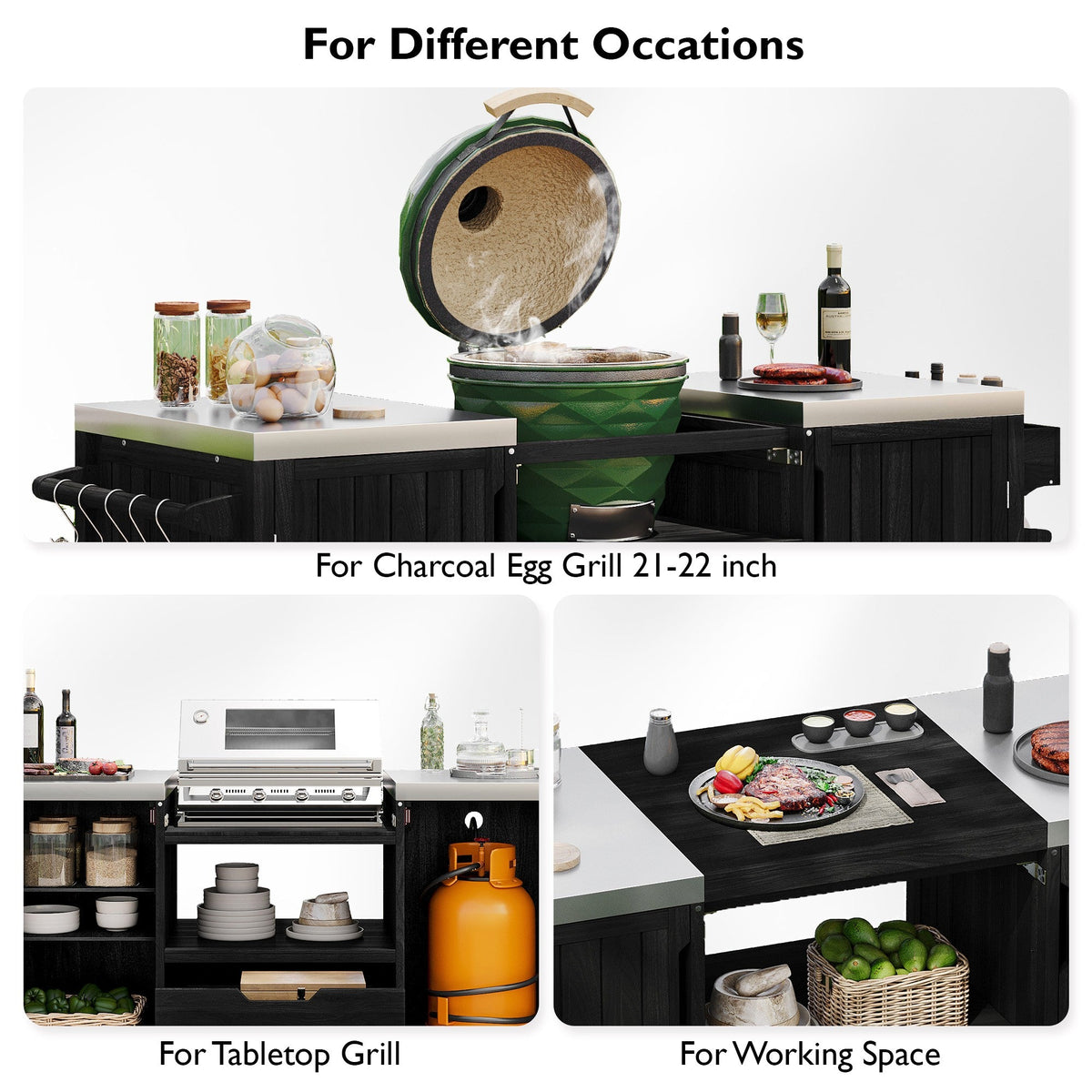 Roomfitters 66.5" Outdoor Grill Cart for Large Big Green Egg & Kamado Joe, Kitchen Island with Stainless Steel Top, Black