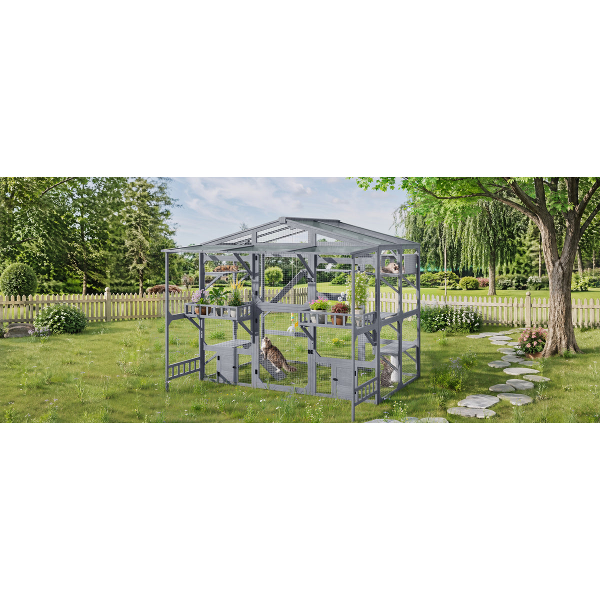 variant-group:rf-n704g201620e|Roomfitters Extra Large Wood Catio Cat Cage Outdoor Kennel with Transparent Sunroof and Dual Storage Shelves Gray