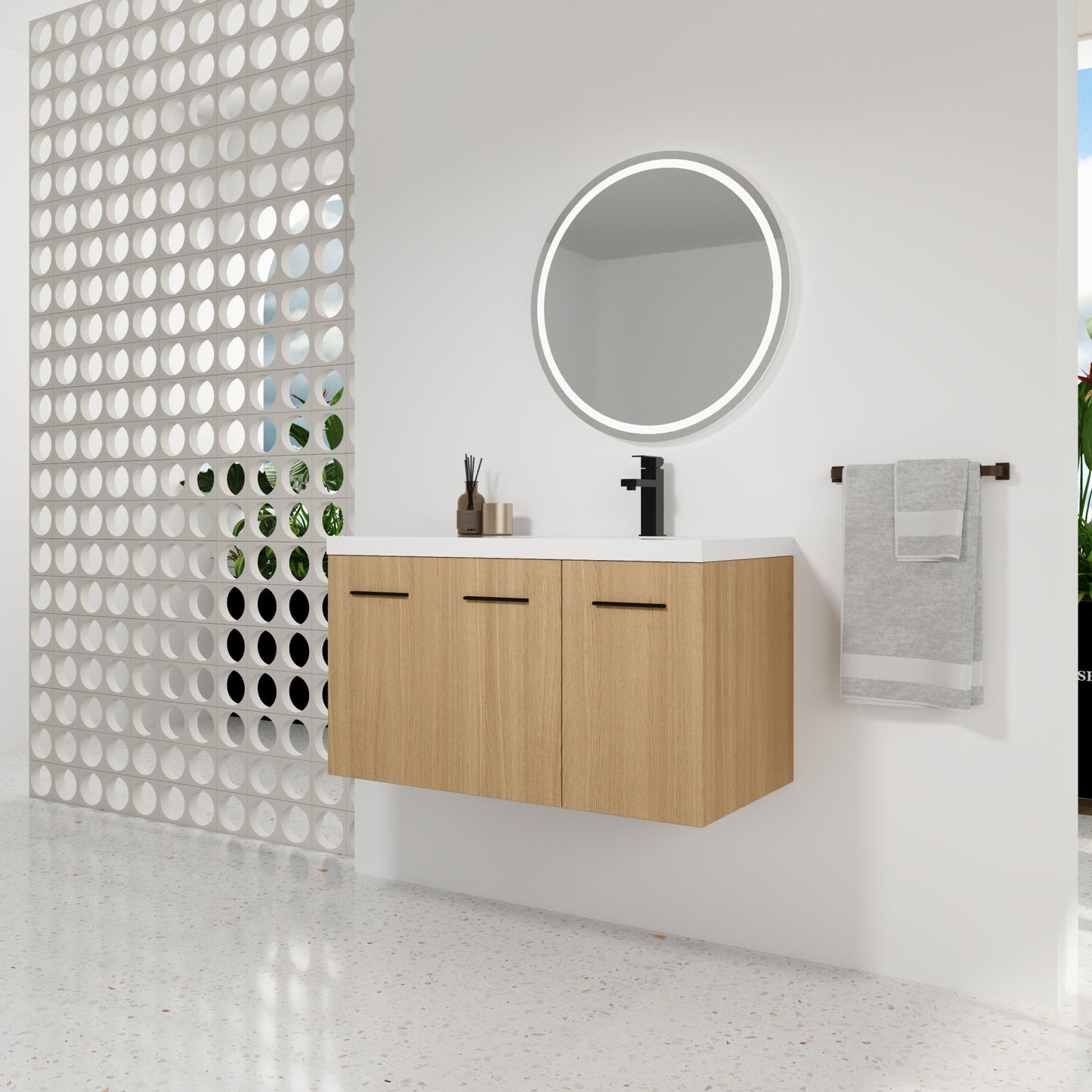36" Wall-Mounted Floating Bathroom Vanity with Sink, Light Oak, 3-Door Modular Cabinet (2-Door + 1-Door), Gel Coat Integrated Sink Top, 3 Boxes, Ready-to-Assemble Roomfitters