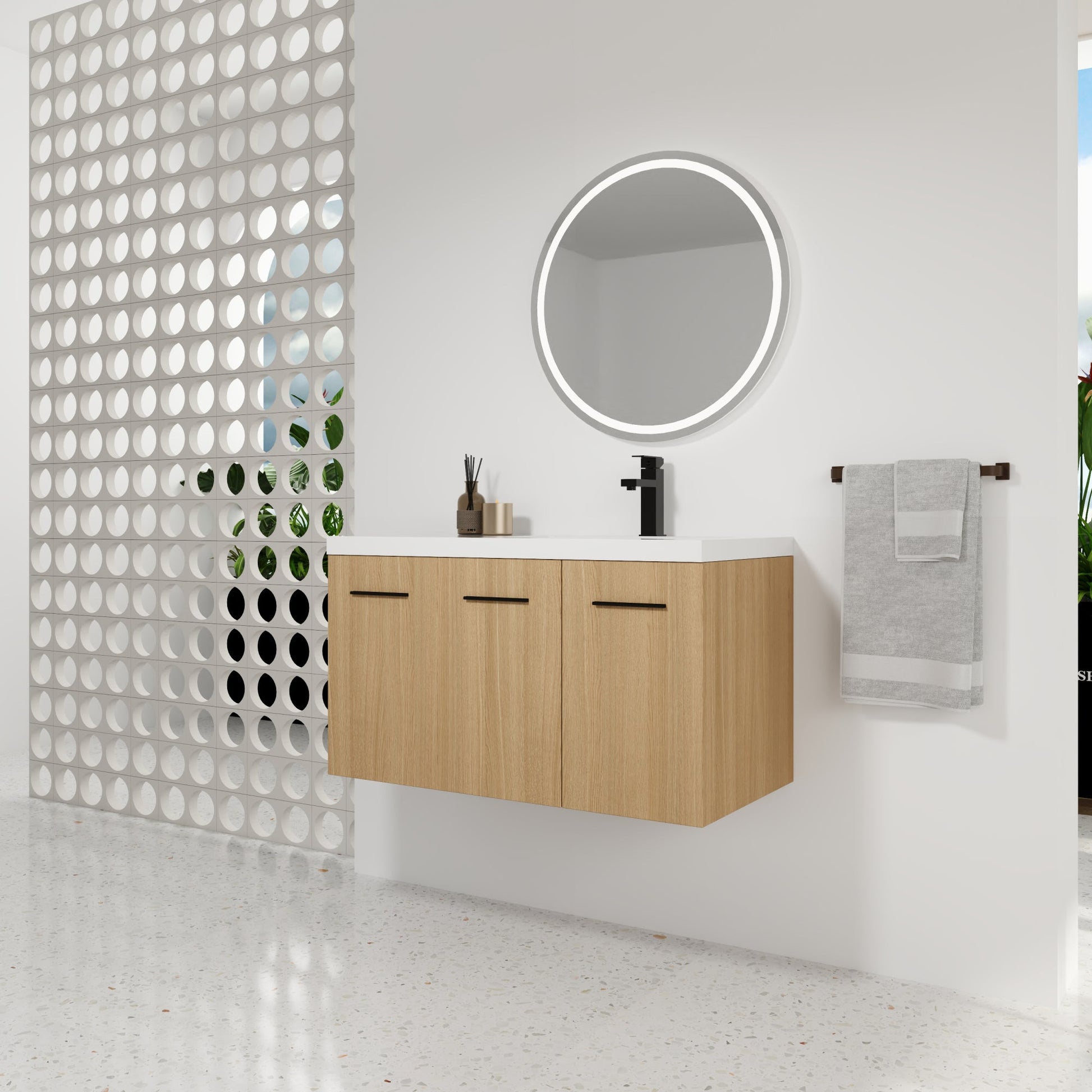 36" Wall-Mounted Floating Bathroom Vanity with Sink, Light Oak, 3-Door Modular Cabinet (2-Door + 1-Door), Gel Coat Integrated Sink Top, 3 Boxes, Ready-to-Assemble Roomfitters
