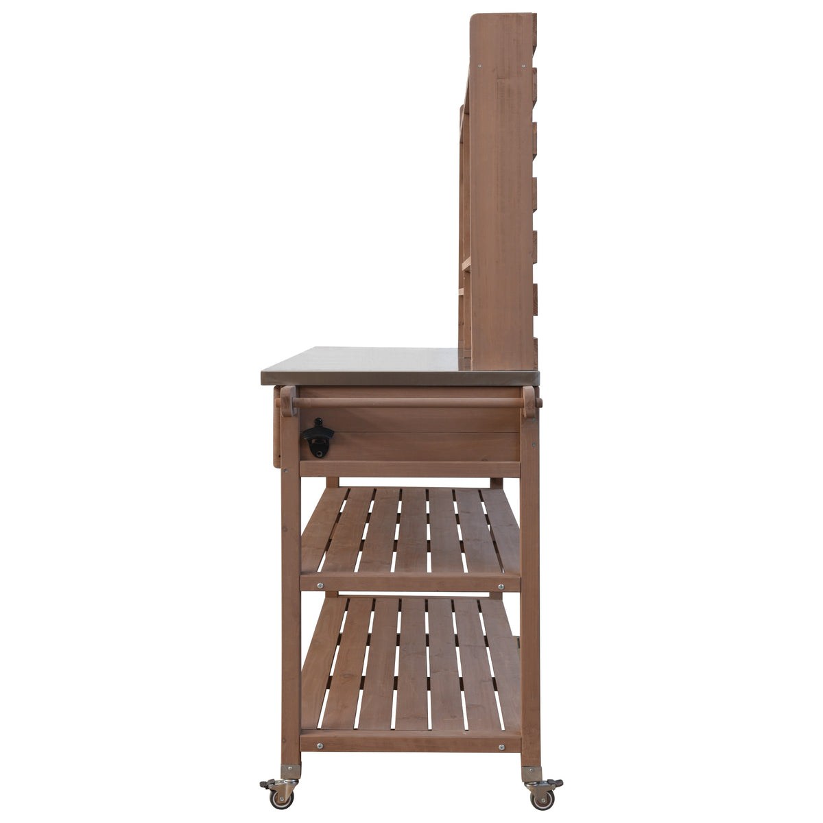 variant-group:rf-n707p228274z|Roomfitters 64.9" Outdoor Potting Bench Table, Rolling Kitchen Island with Hutch, Stainless Steel Top, Storage, Brown