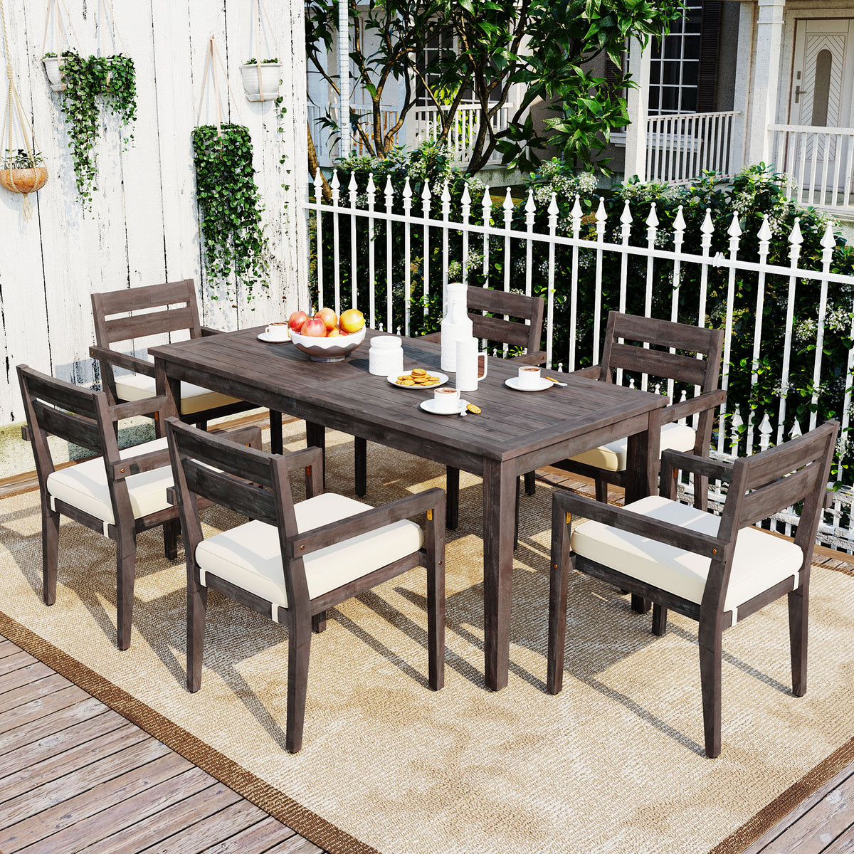 variant-group:rf-n711wy000459aae|Roomfitters 7-Piece Acacia Wood Outdoor Dining Set with Cushions, 6 Armchairs and Rectangular Table for Patio Garden, Gray