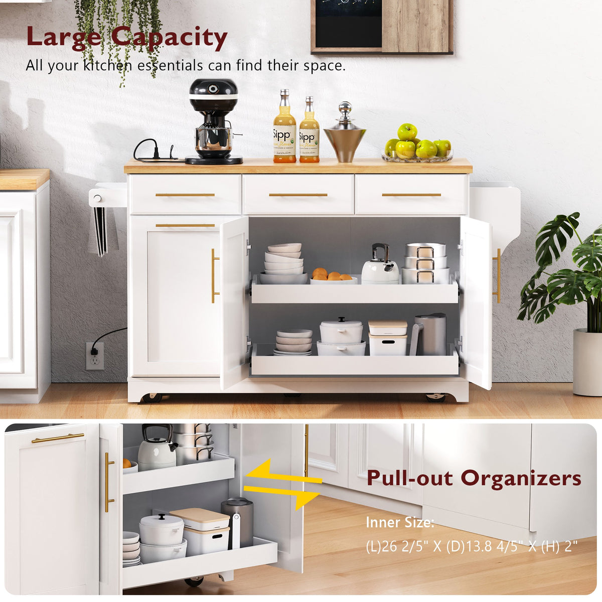 variant-group:rf-n707s299014w|Roomfitters 59.3" Kitchen Island with Power Outlet, Drop Leaf and Double Trash Can Pull Out, Rolling Cart, White