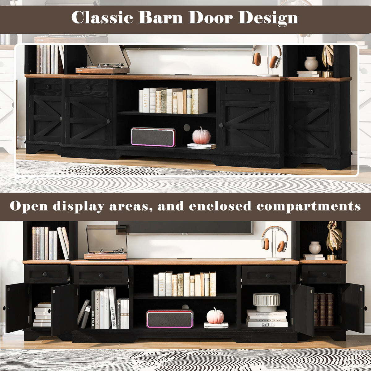 variant-group:rf-n724sj000154aab|Roomfitters 98.8"W Farmhouse Wall Unit Entertainment Center, 4 Barn Doors, Black & Brown