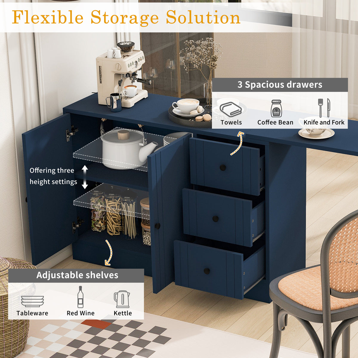 variant-group:rf-n711p334768v|Roomfitters Extendable Sideboard Buffet Cabinet with Storage, Multifunctional Console Table for Dining Room, Navy Blue