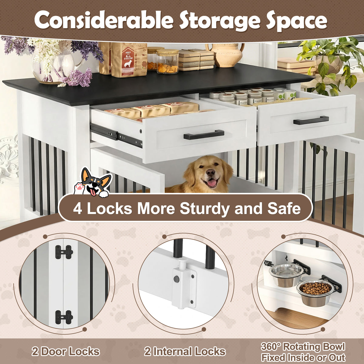 variant-group:rf-n704p379112k|Roomfitters 44-Inch Decorative Dog Crate Furniture Indoor Wooden Kennel End Table with 360 Rotating Bowls White and Black