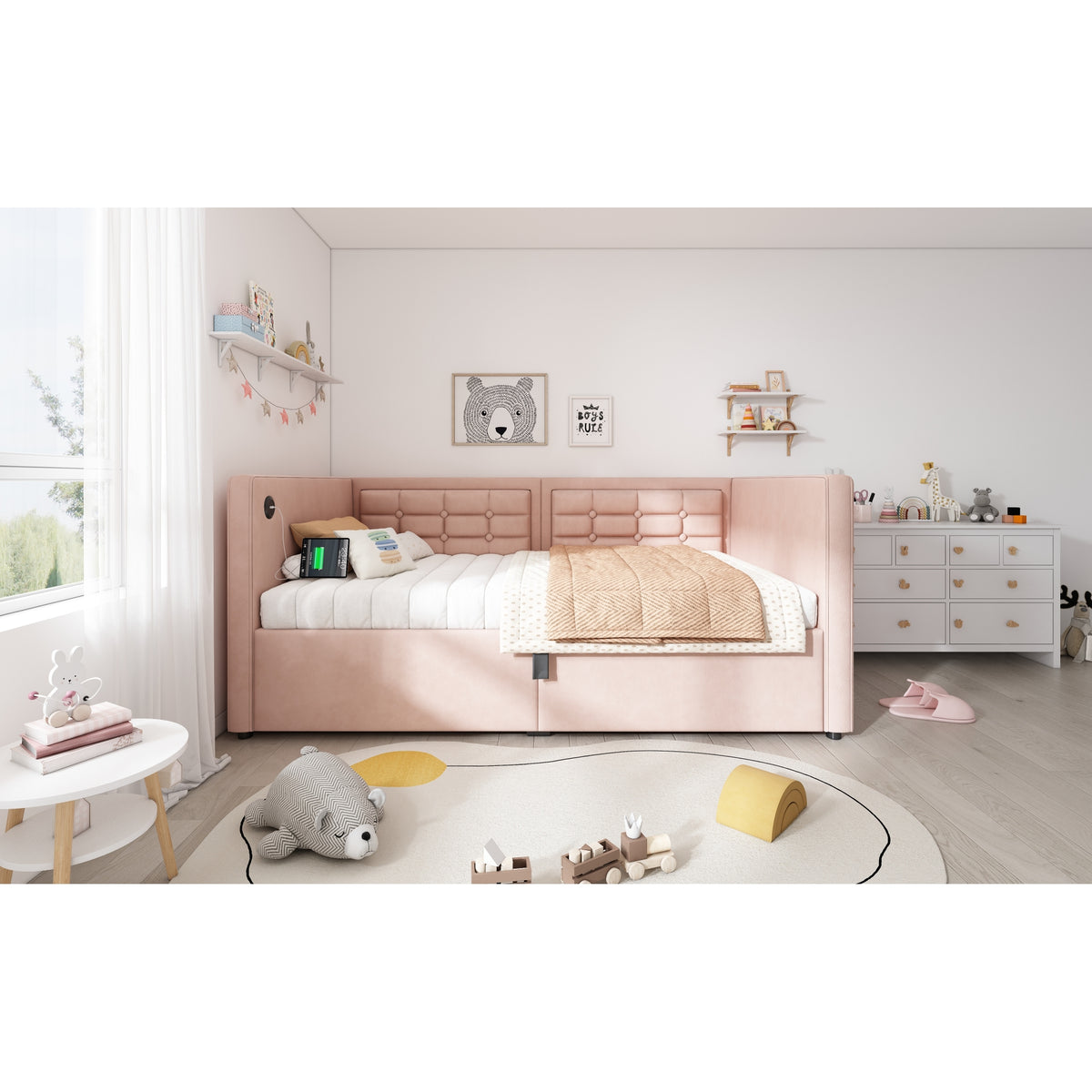 variant-group:rf-n736p303402p|Roomfitters Upholstered Twin Size Daybed with Storage, USB & Type-C Charging, Tufted Sofa Back, Velvet Pink