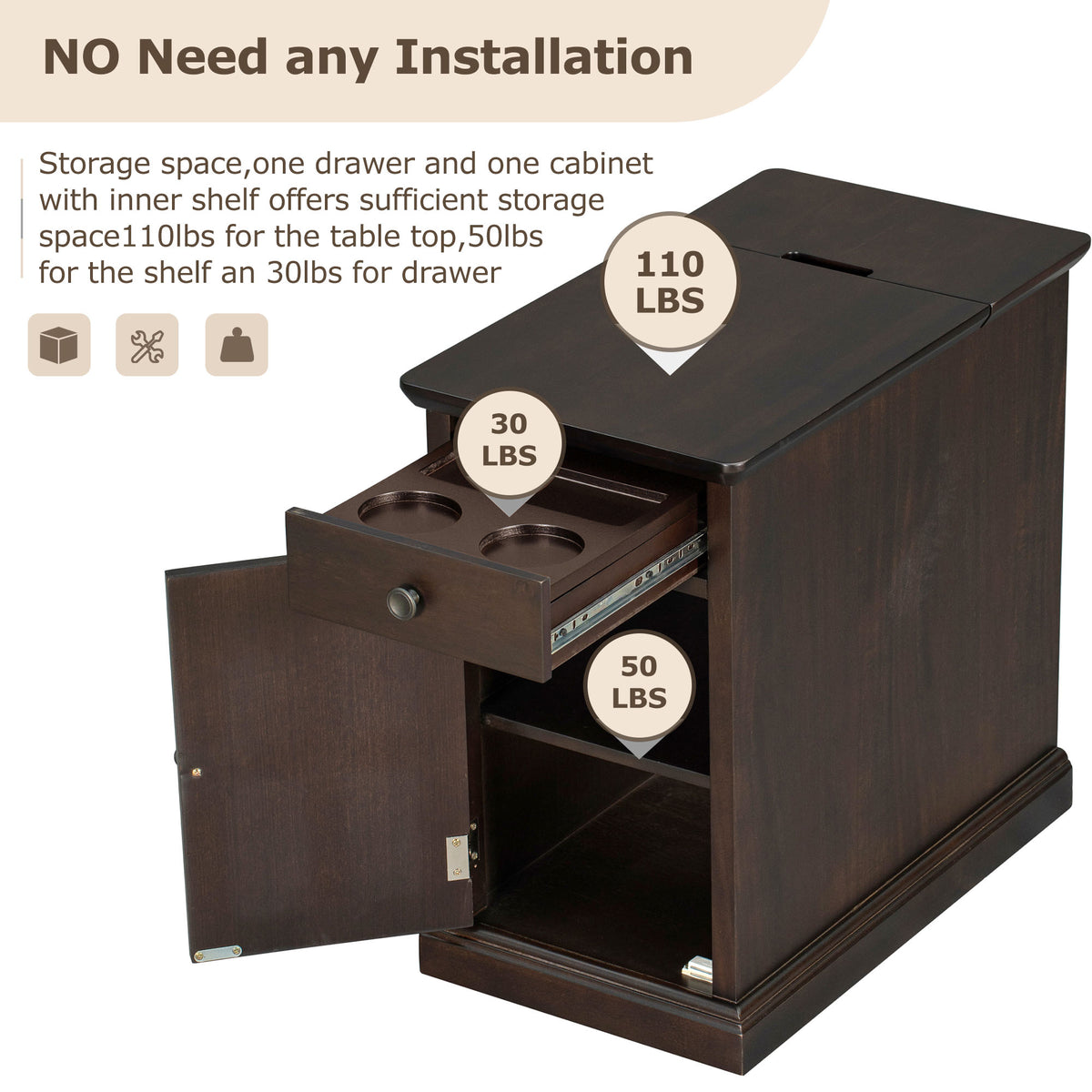 variant-group:rf-n724p185778p|Roomfitters Vintage End Table with USB Ports, Cup Holders and Multifunctional Storage for Living Room, Espresso