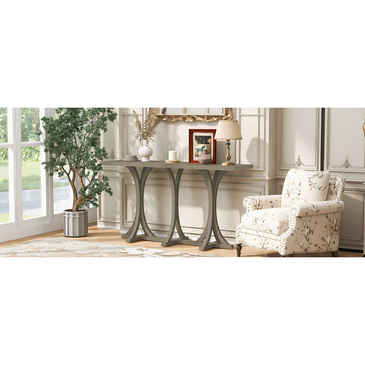 variant-group:rf-n711p295300e|Roomfitters 59.8" Console Table with Oak Veneer Top, Modern Arched Leg Entryway Sofa Table for Hallway & Living Room, Gray