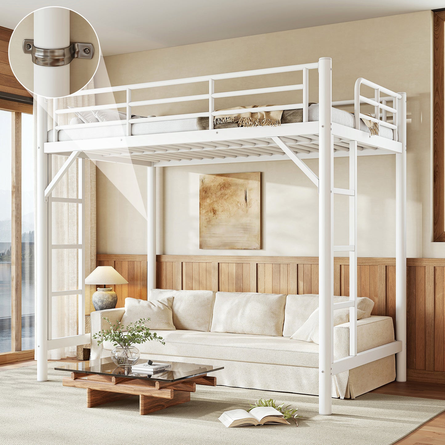 variant-group:rf-w1580p455012|Roomfitters Twin Size Metal Loft Bed Frame with Guardrails, Heavy Duty Space Saving High Loft Bed Dual Ladders, White